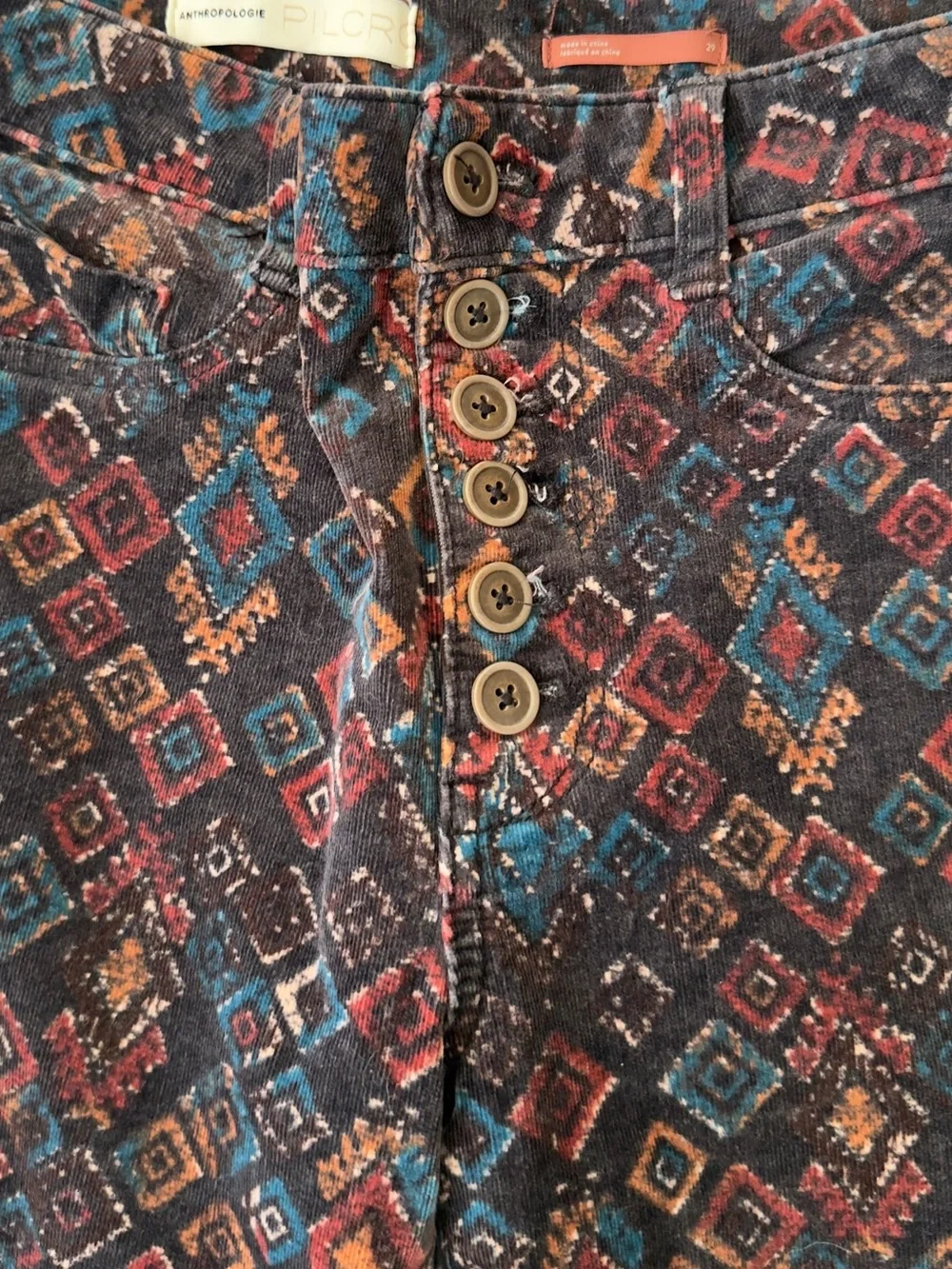 Anthropologie Pilcro Rust Tribal Corduroy Hi Rise Skinny Button Pants Sz 29